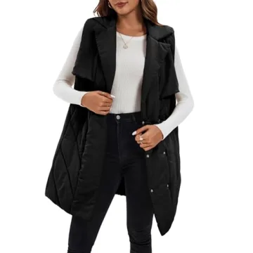 Fazortev Womens Long Quilted Puffer Vest Sleeveless Warm Down Jackets Coats with Pockets