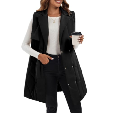 Fazortev Womens Long Quilted Puffer Vest Sleeveless Warm Down Jackets Coats with Pockets