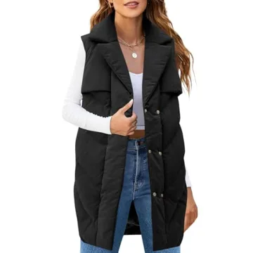 Fazortev Womens Long Quilted Puffer Vest Sleeveless Warm Down Jackets Coats with Pockets