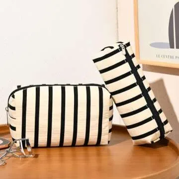 SOIDRAM Makeup Bag Corduroy Cosmetic Bag White Stripe Makeup Pouch 1Pcs Large Capacity Makeup Bags and 1Pcs Makeup Brushes Storage Bag Travel Toiletry Bag Organizer