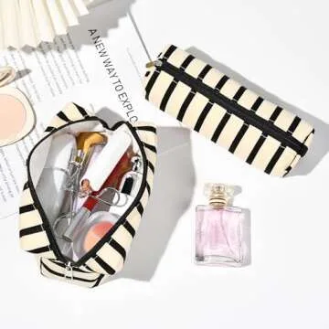 SOIDRAM Makeup Bag Corduroy Cosmetic Bag White Stripe Makeup Pouch 1Pcs Large Capacity Makeup Bags and 1Pcs Makeup Brushes Storage Bag Travel Toiletry Bag Organizer