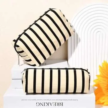 SOIDRAM Makeup Bag Corduroy Cosmetic Bag White Stripe Makeup Pouch 1Pcs Large Capacity Makeup Bags and 1Pcs Makeup Brushes Storage Bag Travel Toiletry Bag Organizer