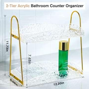 YIGII 2-Tier Bathroom Counter Organizer, Acrylic Makeup Organizer for Vanity, Bathroom Perfume Organizer Tray, Clear Skincare Organizer Countertop for Dresser, Gold
