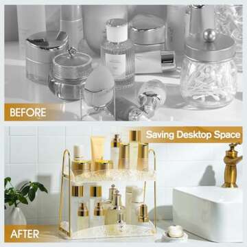 YIGII 2-Tier Bathroom Counter Organizer, Acrylic Makeup Organizer for Vanity, Bathroom Perfume Organizer Tray, Clear Skincare Organizer Countertop for Dresser, Gold
