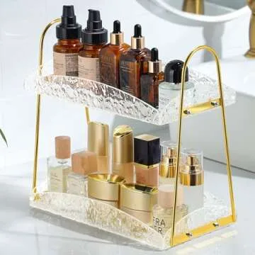 YIGII 2-Tier Bathroom Counter Organizer, Acrylic Makeup Organizer for Vanity, Bathroom Perfume Organizer Tray, Clear Skincare Organizer Countertop for Dresser, Gold