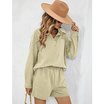 Zeagoo Women's Long Sleeve Sweatsuit Sets Lounge 2 Piece V Neck Tracksuit Casual Loose Fit Outfits,Light Khaki,X-Large