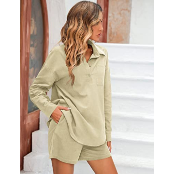 Zeagoo Women's Long Sleeve Sweatsuit Sets Lounge 2 Piece V Neck Tracksuit Casual Loose Fit Outfits,Light Khaki,X-Large