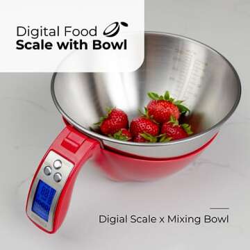 Fradel Digital Kitchen Food Scale with Bowl - 11lb, Grams & Ounces - Removable, Dishwasher-Safe Mixing Bowl - Red