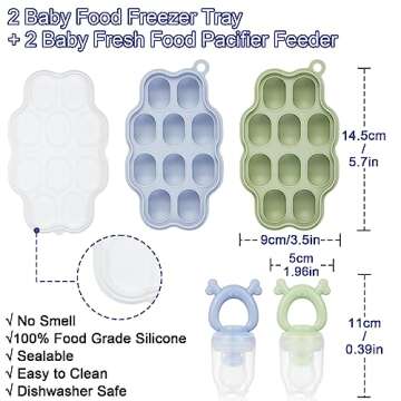 KingKam Baby Breastmilk Popsicle Molds & Baby Fruit Feeder (2 Pack), Baby Food Freezer Tray Storage Containers, Silicone Pacifier Feeder and Teether