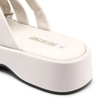 DREAM PAIRS Women' s Summer Comfortable Cushion Slip-on Dressy Slides, Cute Platform Puffy Sandals with Criss Cross Memory Foam Straps，Sdss2330w,Beige,Size 9