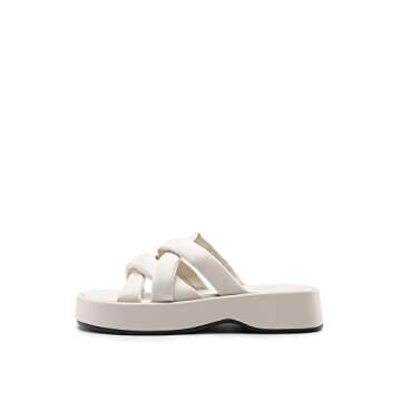 DREAM PAIRS Women' s Summer Comfortable Cushion Slip-on Dressy Slides, Cute Platform Puffy Sandals with Criss Cross Memory Foam Straps，Sdss2330w,Beige,Size 9