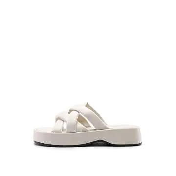 DREAM PAIRS Women' s Summer Comfortable Cushion Slip-on Dressy Slides, Cute Platform Puffy Sandals with Criss Cross Memory Foam Straps，Sdss2330w,Beige,Size 9