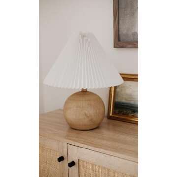 JONATHAN Y JYL1145B Aksel 17.25" Coastal Scandinavian Resin/Iron Sphere LED Table Lamp with Pleated Shade and Pull Chain, Beige Wood Finish/White, for Entry Console, Bedroom, Living Room