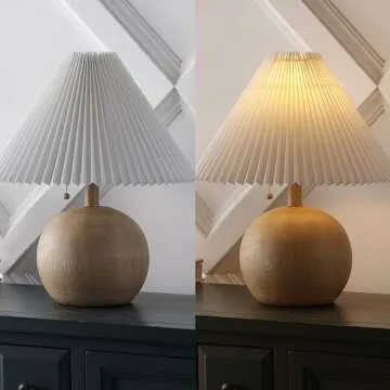 JONATHAN Y JYL1145B Aksel 17.25" Coastal Scandinavian Resin/Iron Sphere LED Table Lamp with Pleated Shade and Pull Chain, Beige Wood Finish/White, for Entry Console, Bedroom, Living Room