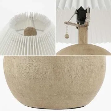 JONATHAN Y JYL1145B Aksel 17.25" Coastal Scandinavian Resin/Iron Sphere LED Table Lamp with Pleated Shade and Pull Chain, Beige Wood Finish/White, for Entry Console, Bedroom, Living Room