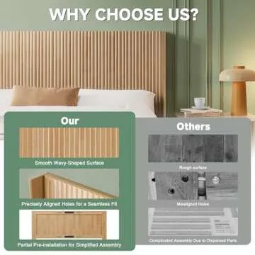Huatean Home Wood Headboard Queen Size, 64.6" Wide Wooden Headboard Queen Headboard Only, Modern Farmhouse Headboards Queen Size, Wall Mounted Headboard, Fluted Panel, Wingback Boho Headboard, Natural