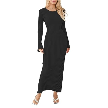 UAURORAO Women Ribbed Knit Long Sleeve Maxi Dress - Tie Waist Clubwear