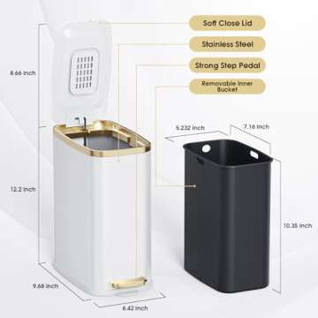 CEROELDA Small Bathroom Trash Can with Lid Soft Close-5L/1.3 Gal Slim Garbage Can-Metal Step Wastebasket-Rectangle Narrow Waste Bin for Office, Bedroom, Toilet, Live Room-White