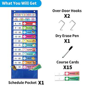 Daily Schedule Pocket Chart. Kids Schedule Pocket Chart with 15 Dry-Eraser Cards. 13+1 Pockets. Schedule Pocket Chart for Classroom & Home (Blue)…