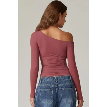 Stylish QINSEN One Shoulder Long Sleeve Fitted Top