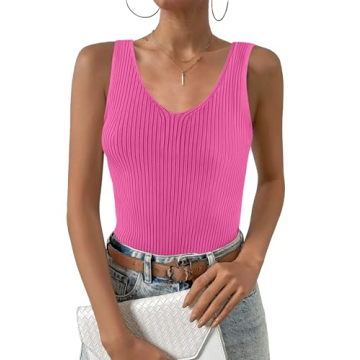 Zeagoo Womens Ribbed Tank Tops 2024 V Neck Slim Fit Knit Sleeveless Shirts Casual Basic Tee Peach Pi...