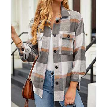 Womens Brushed Plaid Shirts Long Sleeve Flannel Lapel Collar Button Down Pocketed Shacket Jacket Coats Light Grey