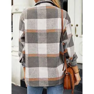 Womens Brushed Plaid Shirts Long Sleeve Flannel Lapel Collar Button Down Pocketed Shacket Jacket Coats Light Grey