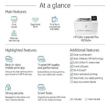 HP Color LaserJet Pro M255dw Wireless Laser Printer, Remote Mobile Print, Duplex Printing, Works with Alexa (7KW64A), White