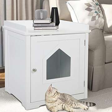 Sandinrayli Cat House Hidden Litter Box Furniture w/Apron Top, Cat Home Nightstand w/Cat Hole (White)