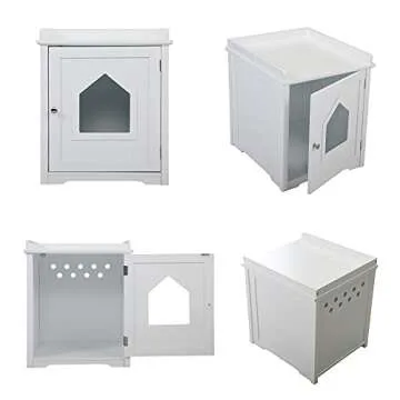 Sandinrayli Cat House Hidden Litter Box Furniture w/Apron Top, Cat Home Nightstand w/Cat Hole (White)