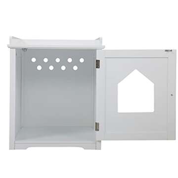 Sandinrayli Cat House Hidden Litter Box Furniture w/Apron Top, Cat Home Nightstand w/Cat Hole (White)