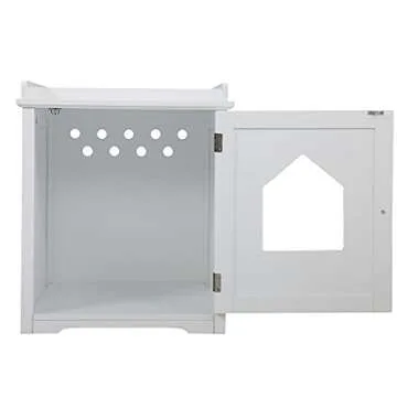 Sandinrayli Cat House Hidden Litter Box Furniture w/Apron Top, Cat Home Nightstand w/Cat Hole (White)