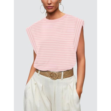 WIHOLL Summer Tops for Women 2024 Trendy Fashion Dressy Casual Crew Neck Cap Sleeve Spring Cute Shirts Outfits Pink Stripe S