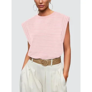WIHOLL Summer Tops for Women 2024 Trendy Fashion Dressy Casual Crew Neck Cap Sleeve Spring Cute Shirts Outfits Pink Stripe S