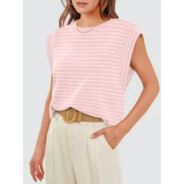 WIHOLL Summer Tops for Women 2024 Trendy Fashion Dressy Casual Crew Neck Cap Sleeve Spring Cute Shirts Outfits Pink Stripe S