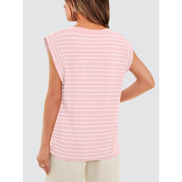 WIHOLL Summer Tops for Women 2024 Trendy Fashion Dressy Casual Crew Neck Cap Sleeve Spring Cute Shirts Outfits Pink Stripe S