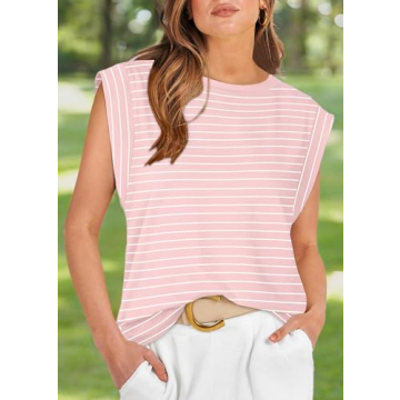 WIHOLL Summer Tops for Women 2024 Trendy Fashion Dressy Casual Crew Neck Cap Sleeve Spring Cute Shirts Outfits Pink Stripe S