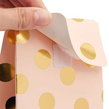 BLUE PANDA 24 Pack Pink Paper Bags with Gold Foil Polka Dot for Kids Birthday, Girls Baby Shower, Wedding Themed Party Favors (5.5 x 8.6 x 3 In)