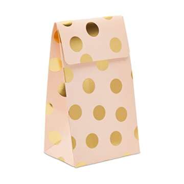 BLUE PANDA 24 Pack Pink Paper Bags with Gold Foil Polka Dot for Kids Birthday, Girls Baby Shower, Wedding Themed Party Favors (5.5 x 8.6 x 3 In)