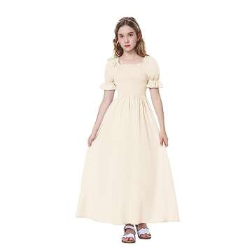 Mebius Girls Cottagecore Maxi Dress Smocked Puff Sleeve Square Neck Flowy Boho A-line Ruffle Short Sleeve Dresses 10Y White