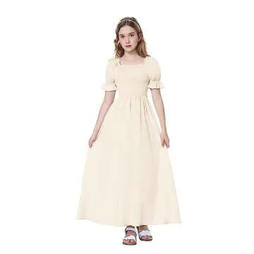 Mebius Girls Cottagecore Maxi Dress Smocked Puff Sleeve Square Neck Flowy Boho A-line Ruffle Short Sleeve Dresses 10Y White