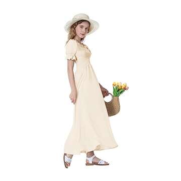 Mebius Girls Cottagecore Maxi Dress Smocked Puff Sleeve Square Neck Flowy Boho A-line Ruffle Short Sleeve Dresses 10Y White