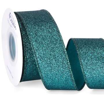 Ribbli Teal Green Glitter Wired RibbonTeal Ribbon with Metallic Edge Christmas Ribbon for Wreath Chr...