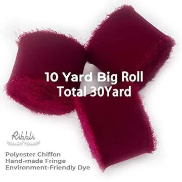 Ribbli Burgundy Chiffon Ribbon 1.5 inch x 30 Yard Handmade Silk Ribbon, Fringe Chiffon Ribbon for We...