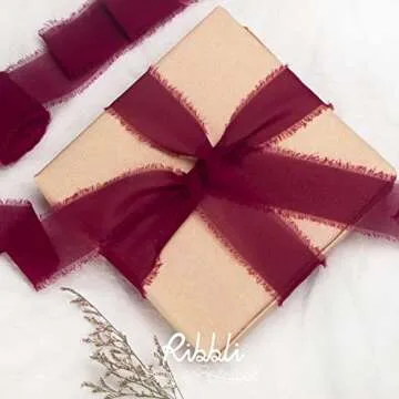 Ribbli Burgundy Chiffon Ribbon 1.5 inch x 30 Yard Handmade Silk Ribbon, Fringe Chiffon Ribbon for Wedding Invitations,Gift Wrapping, Bridal Bouquets Wrapping, Flower Arrangement Decoration