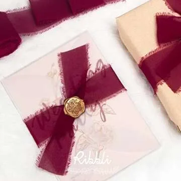 Ribbli Burgundy Chiffon Ribbon 1.5 inch x 30 Yard Handmade Silk Ribbon, Fringe Chiffon Ribbon for Wedding Invitations,Gift Wrapping, Bridal Bouquets Wrapping, Flower Arrangement Decoration
