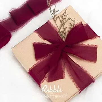 Ribbli Burgundy Chiffon Ribbon 1.5 inch x 30 Yard Handmade Silk Ribbon, Fringe Chiffon Ribbon for Wedding Invitations,Gift Wrapping, Bridal Bouquets Wrapping, Flower Arrangement Decoration