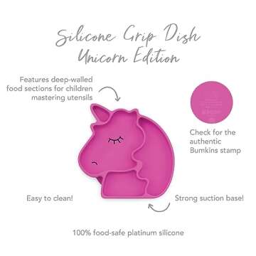 Bumkins Toddler and Baby Suction Plate, Silicone Divided Grip Dish, Babies and Kids, Baby Led Weaning, Children Feeding Supplies, Non Skid Sticky Bottom, Platinum Silicone, Ages 6 Months Up, Unicorn