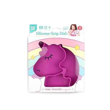 Bumkins Toddler and Baby Suction Plate, Silicone Divided Grip Dish, Babies and Kids, Baby Led Weaning, Children Feeding Supplies, Non Skid Sticky Bottom, Platinum Silicone, Ages 6 Months Up, Unicorn