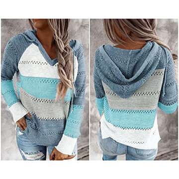 BLENCOT Women's Casual Color Block Hoodies Sweater Long Sleeve Drawstring Pullover Sweatshirts Fashion Knitted Tops Blue XXL